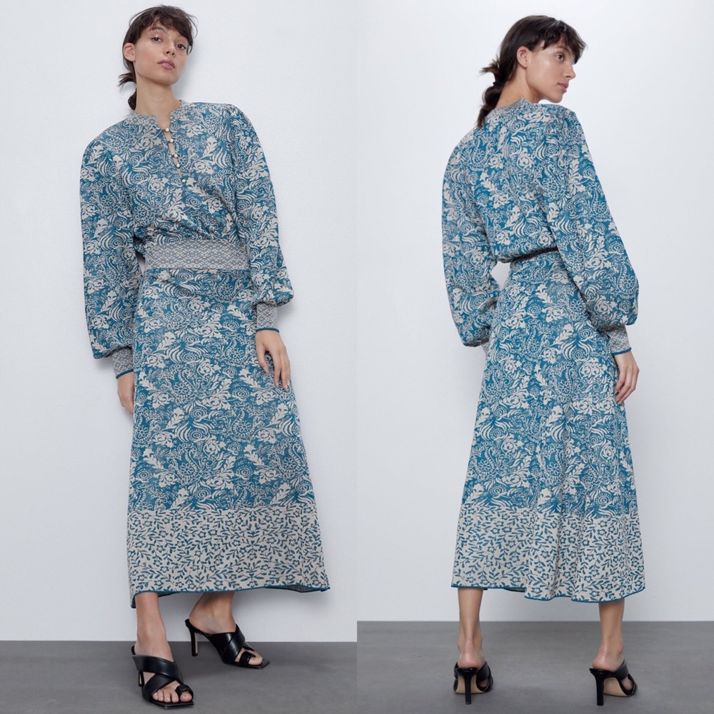 Zara JACQUARD KNIT MIDI DRESS w/Long Ballon Sleeve